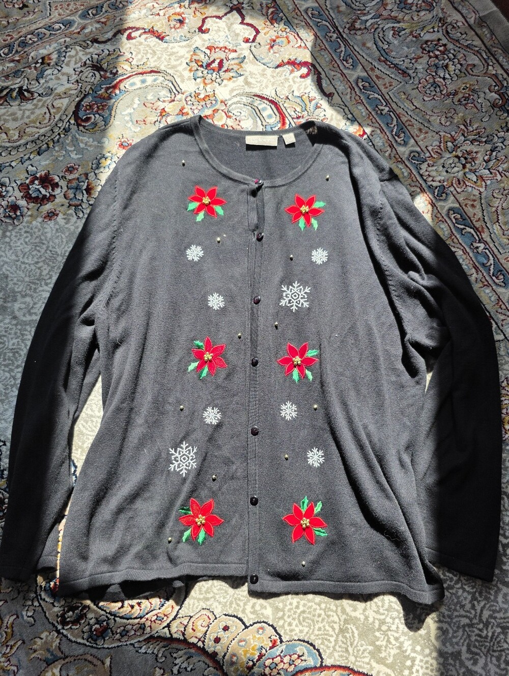 Croft&Barrow Holiday Cardigan with Poinsettia And Snowflake Embroidery